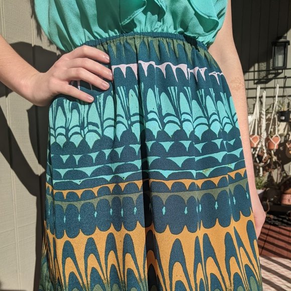 Mossimo Teal Printed Ruffled Day Dress, Sz. XS - Picture 2 of 4